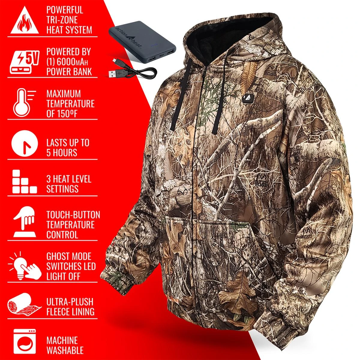 ActionHeat 5V Battery Heated Hunting Hoodie Jacket - Camouflage 6 ActionHeat 5V Battery Heated Hunting Hoodie Jacket - Camouflage - Image 4
