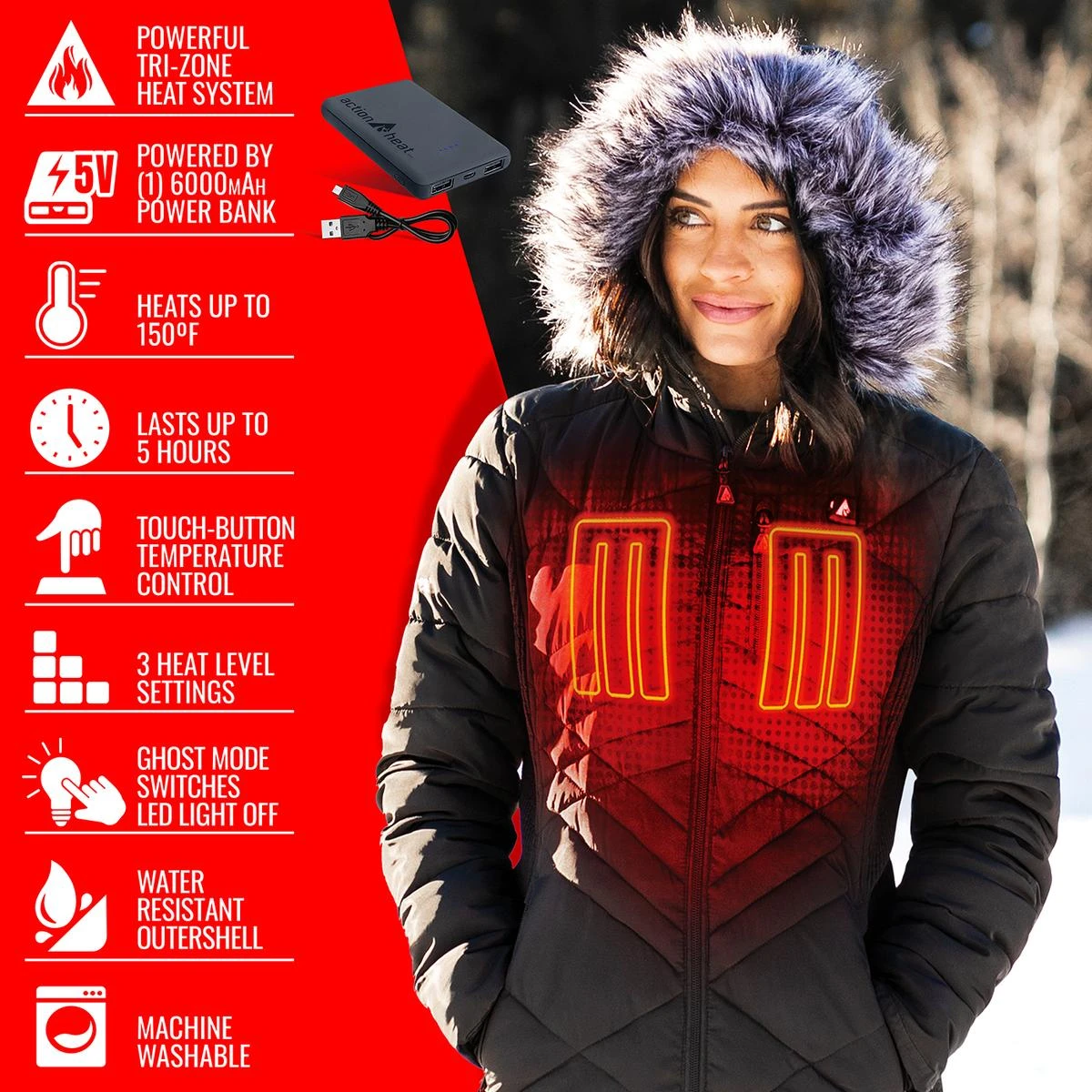 ActionHeat 5V Womens Heated Long Puffer Jacket W/ Hood 6 ActionHeat 5V Womens Heated Long Puffer Jacket W/ Hood - Image 4