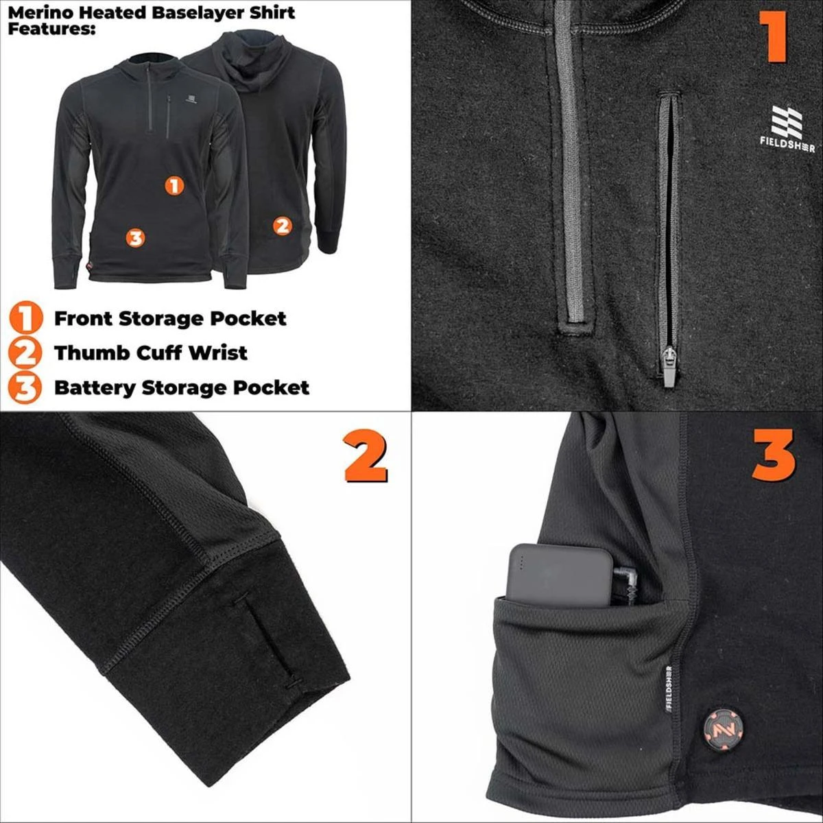 Fieldsheer Mobile Warming 7.4V Mens Merino Baselayer Heated Shirt 5 Fieldsheer Mobile Warming 7.4V Mens Merino Baselayer Heated Shirt - Image 3